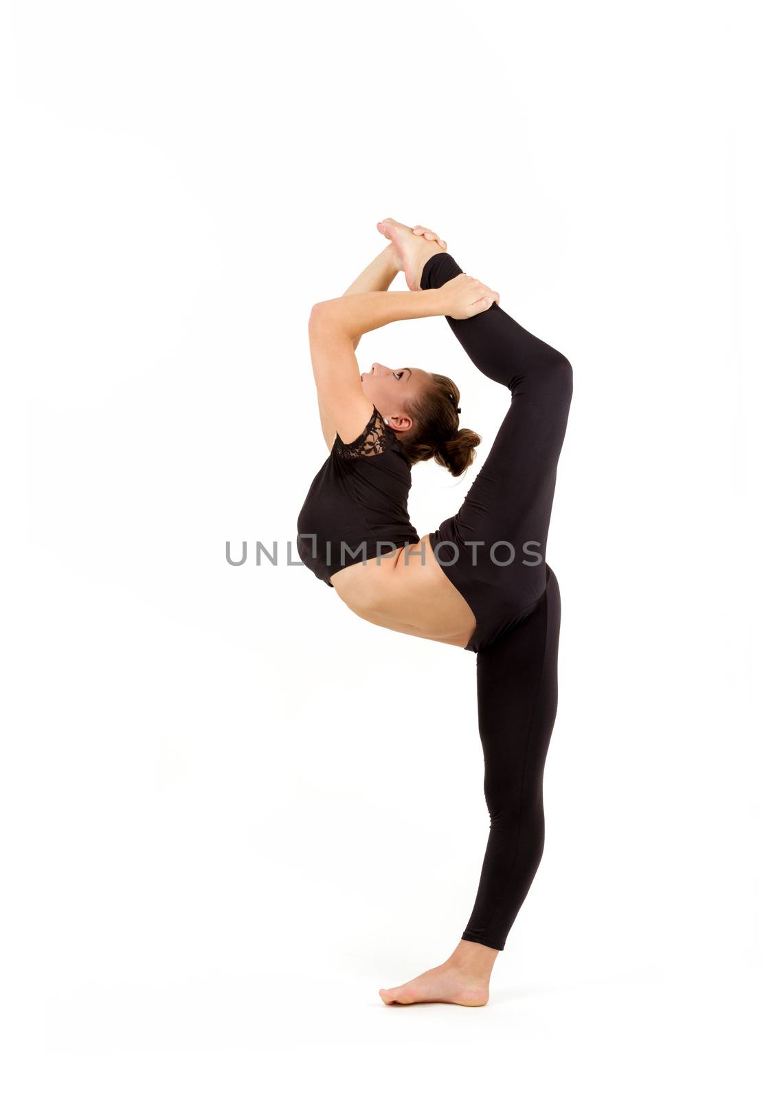 beauty contortionist practicing gymnastic yoga isolated on white background, Young professional gymnast woman