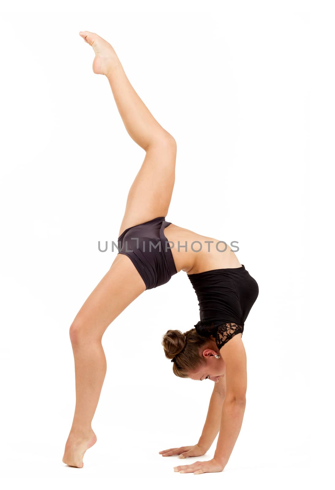 beauty contortionist practicing gymnastic yoga isolated on white background, Young professional gymnast woman