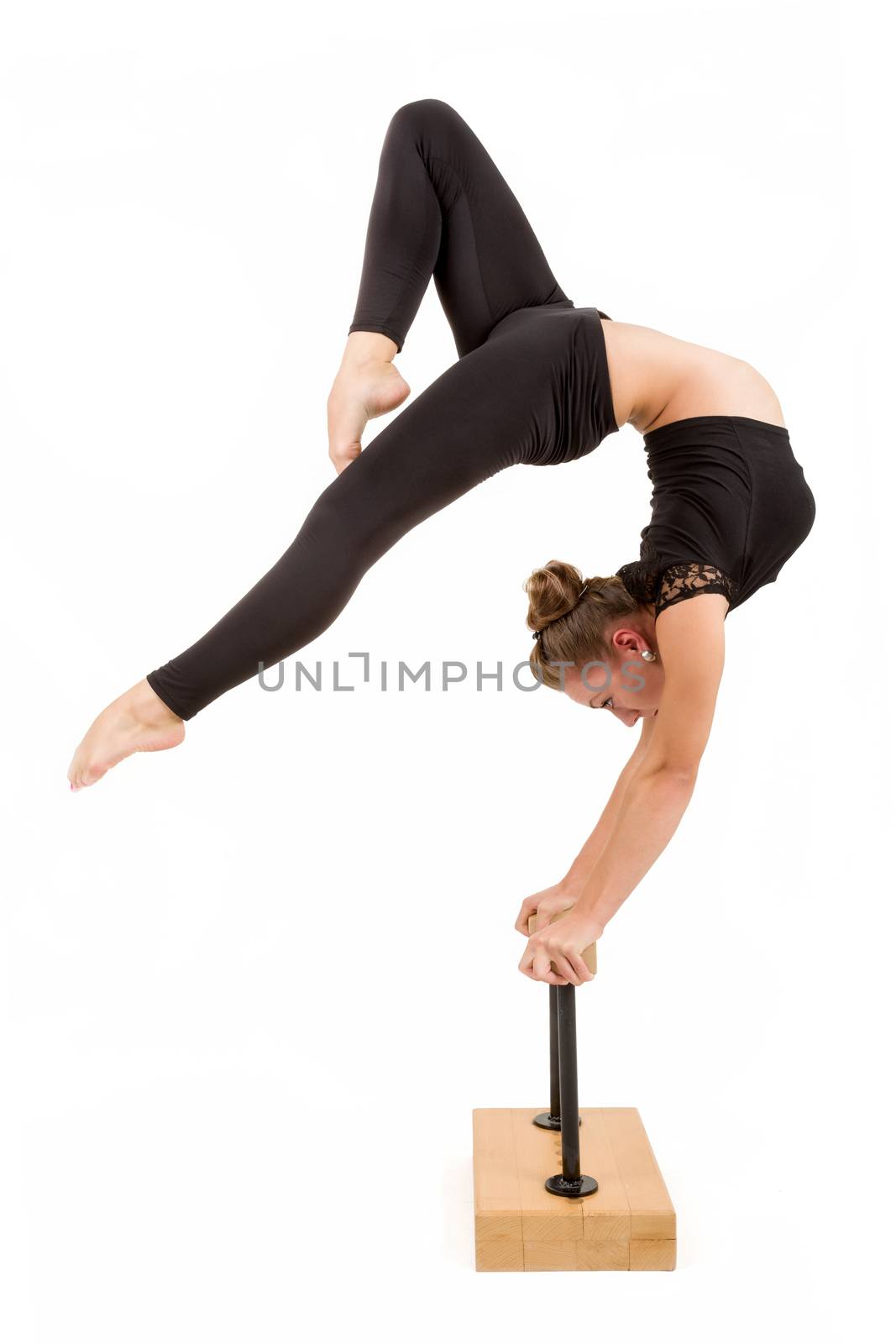 beauty contortionist practicing gymnastic yoga isolated on white background, Young professional gymnast woman