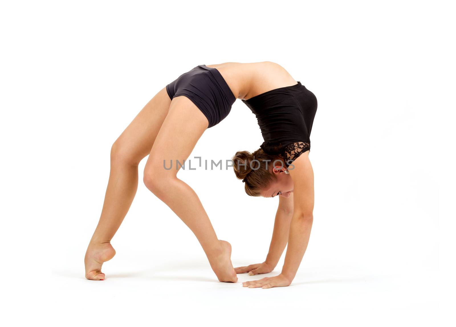 beauty contortionist practicing gymnastic yoga isolated on white background, Young professional gymnast woman