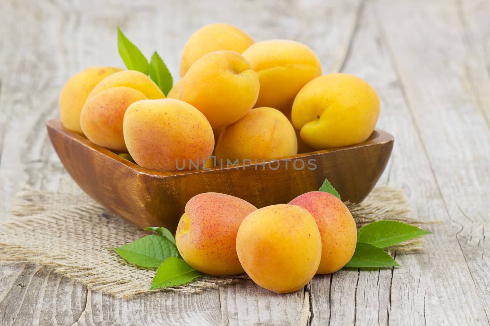 fresh apricots in a bowl on wooden background
