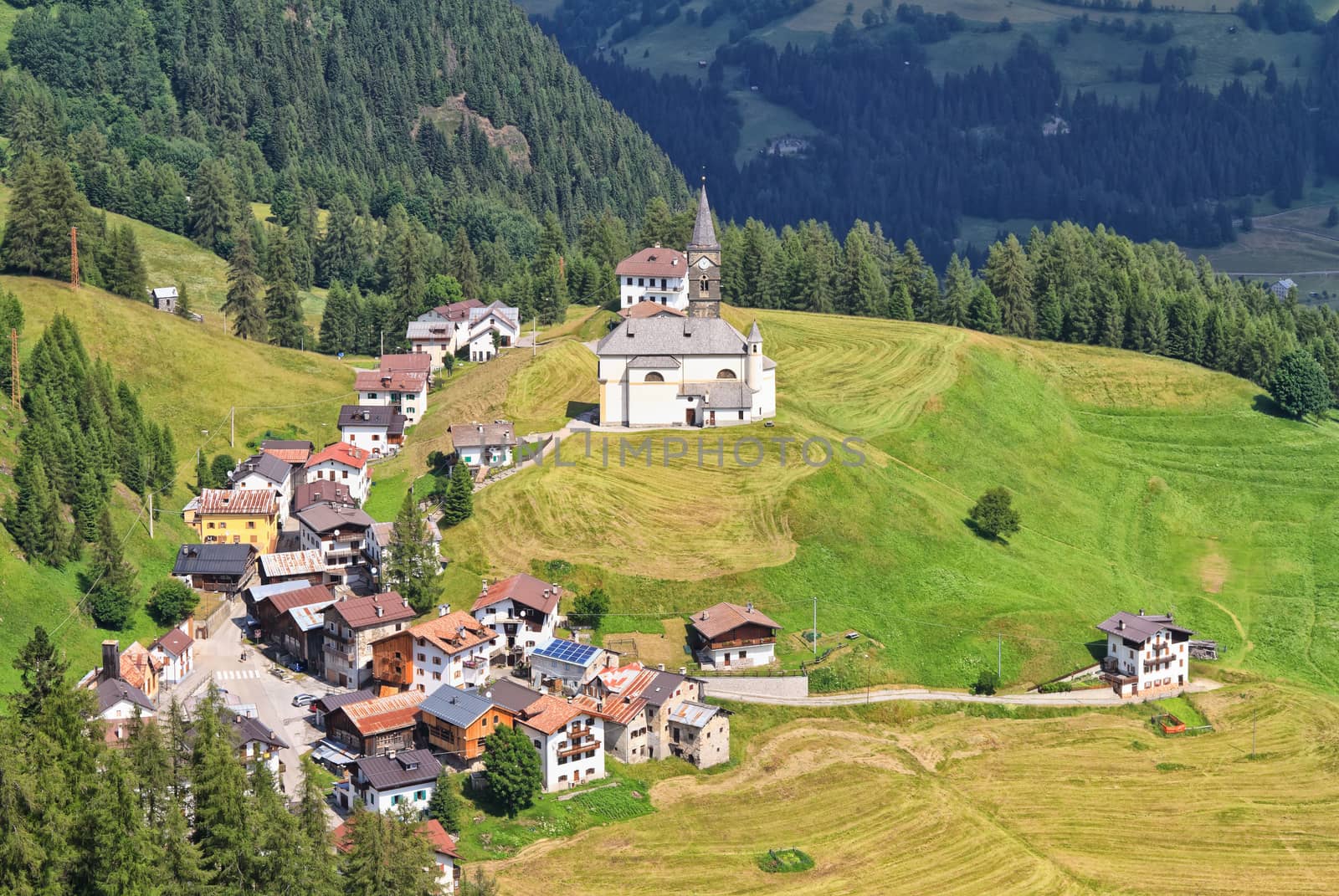 aerial view of Laste village and Cordevole valley from Sass de Rocia, Italian Dolomites