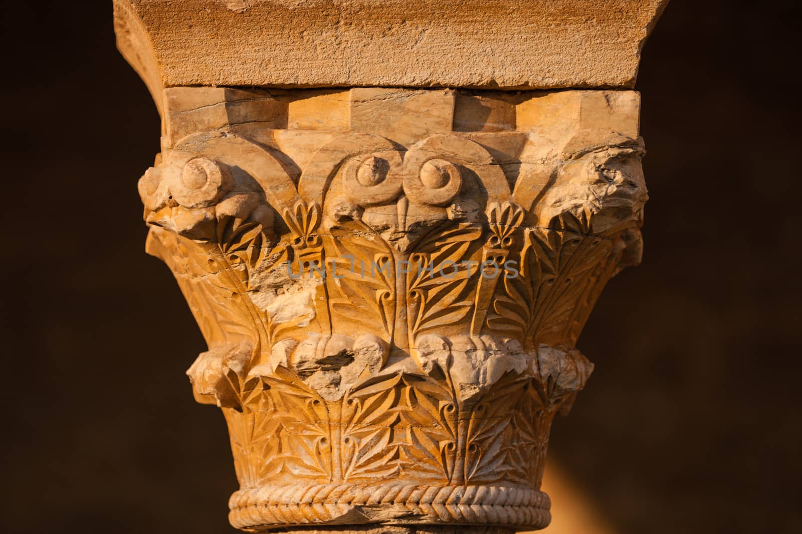 Closeup view of romanesque capital in san miguel de escalada church province of Leon in Spain
