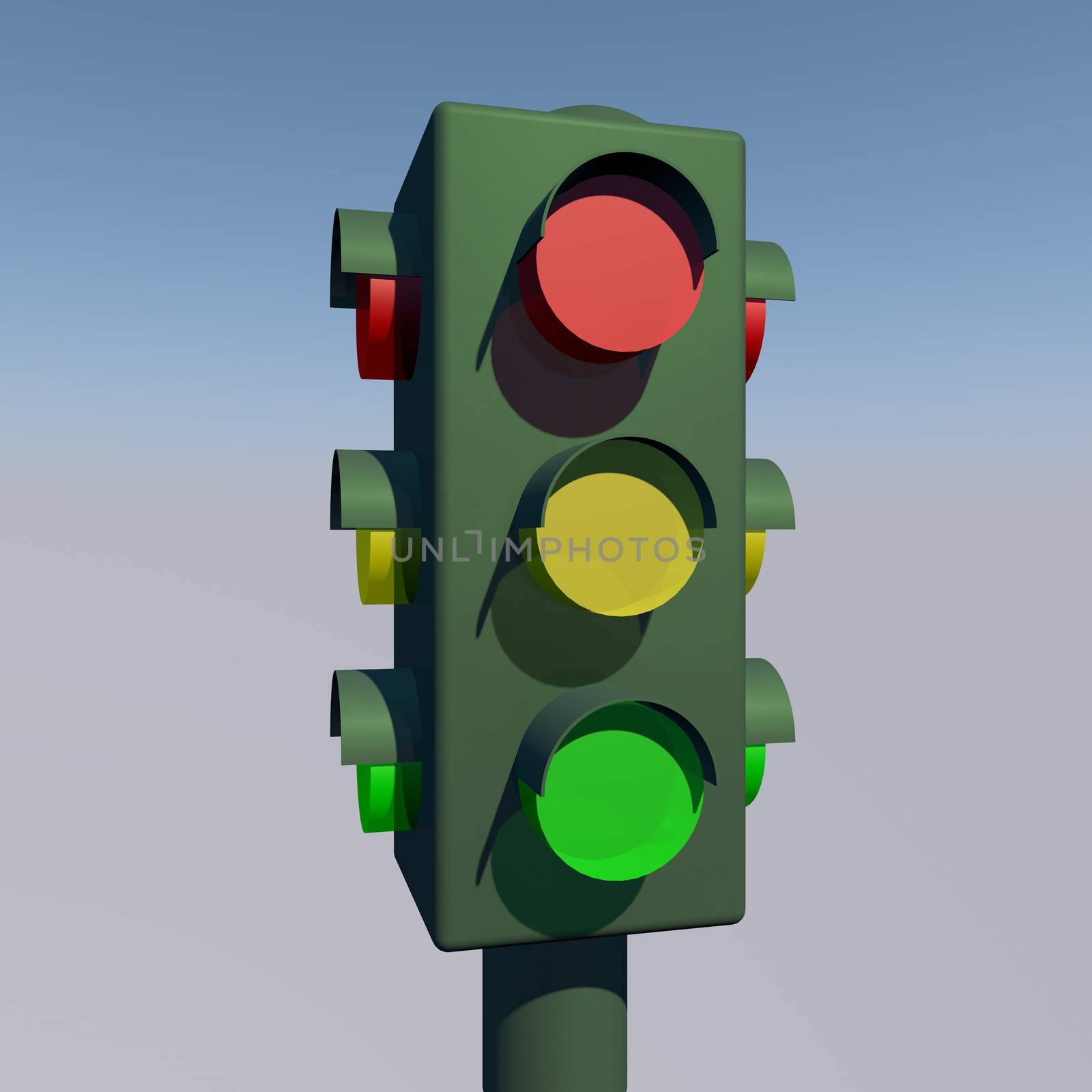 Traffic lights over blue sky, 3d render