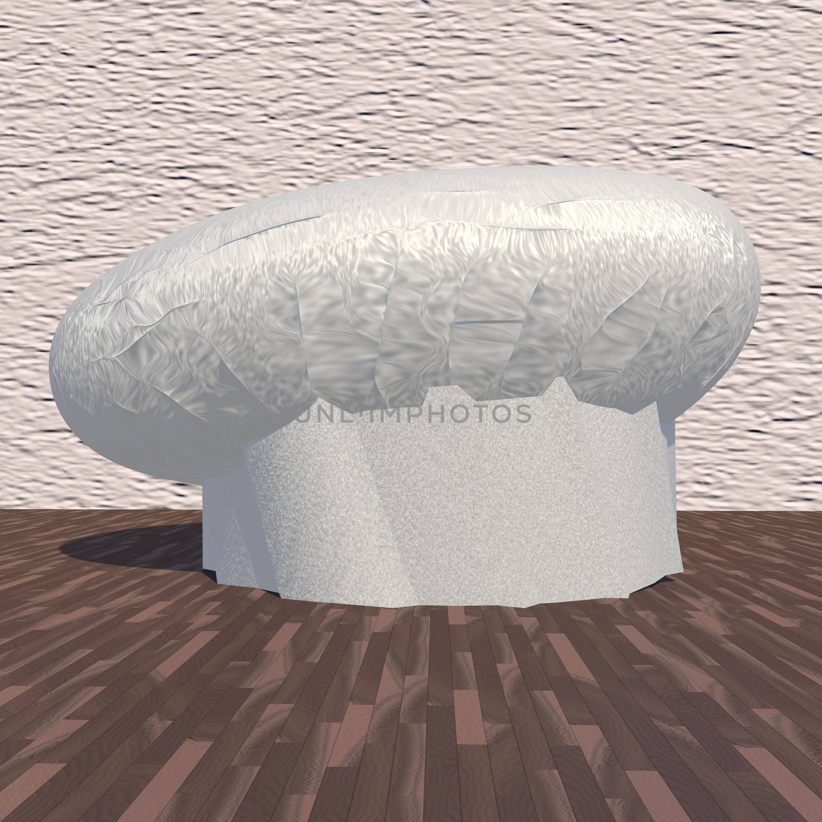 Cook's hat over wooden table, wall on the back, 3d render