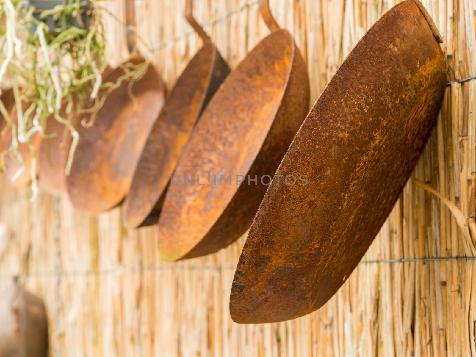 Row of rusty pans hanging on a straw wall