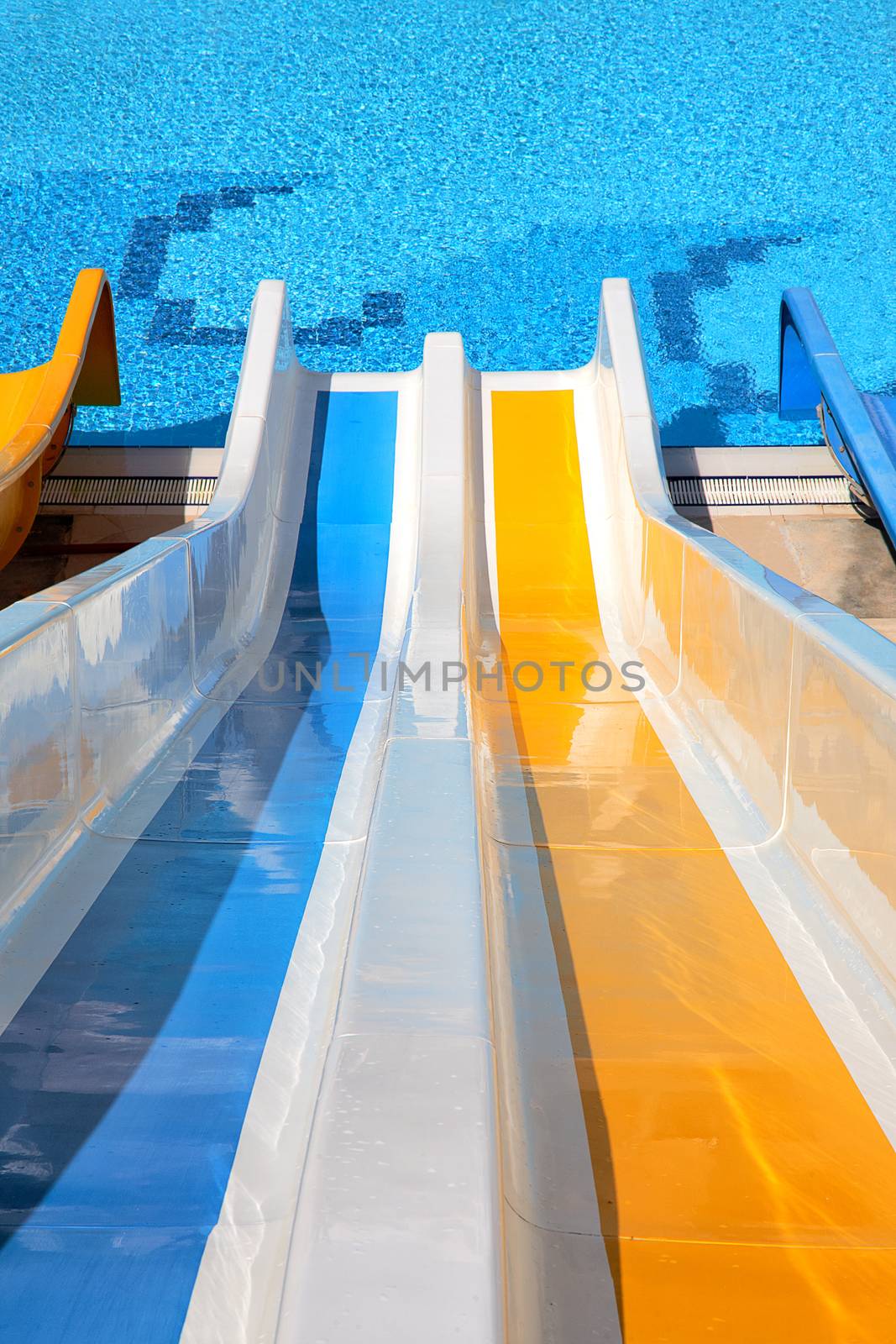 top point of view of water slide with pool