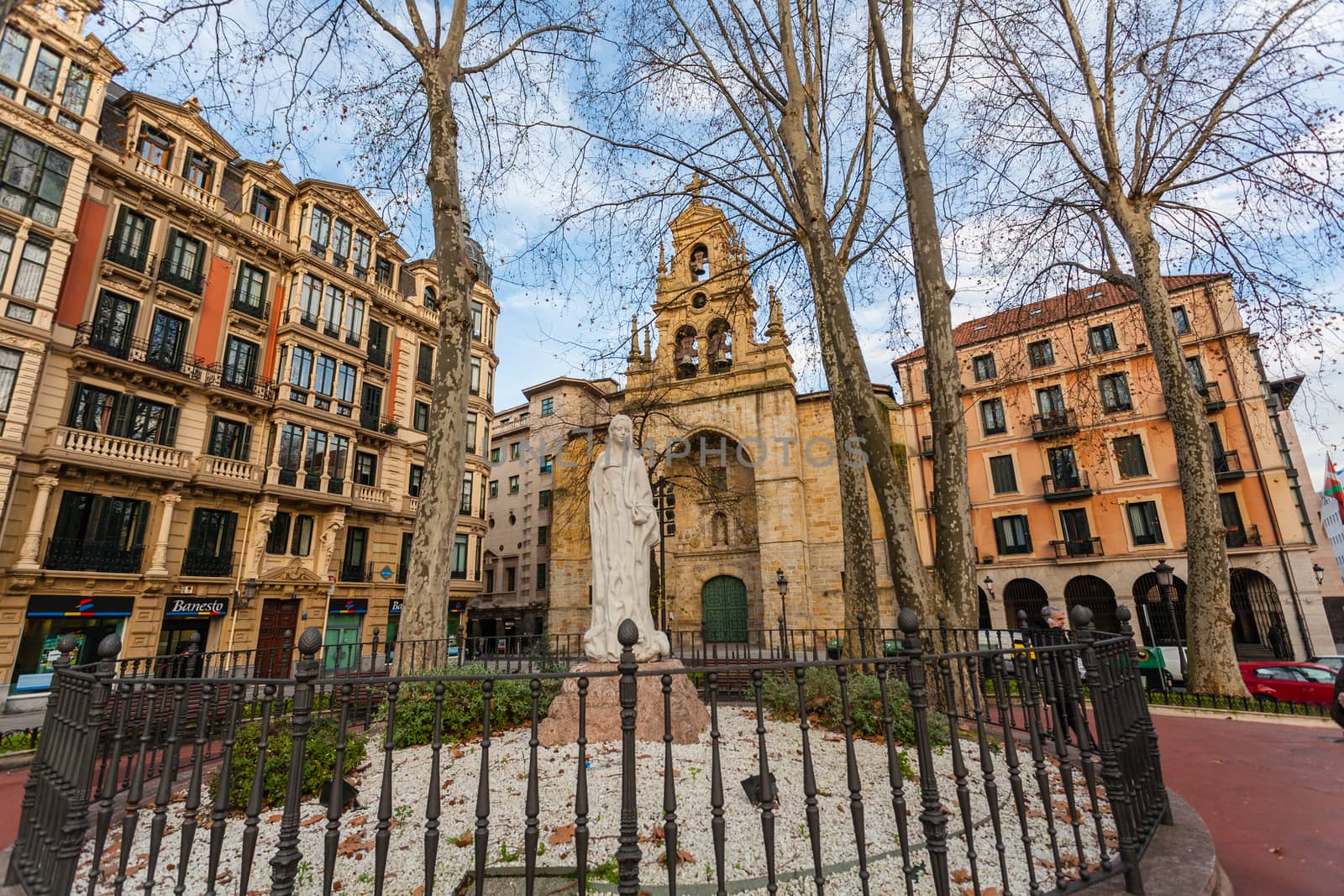 Full view of San Vicente square in the city of Bilbao with the church at the bottom