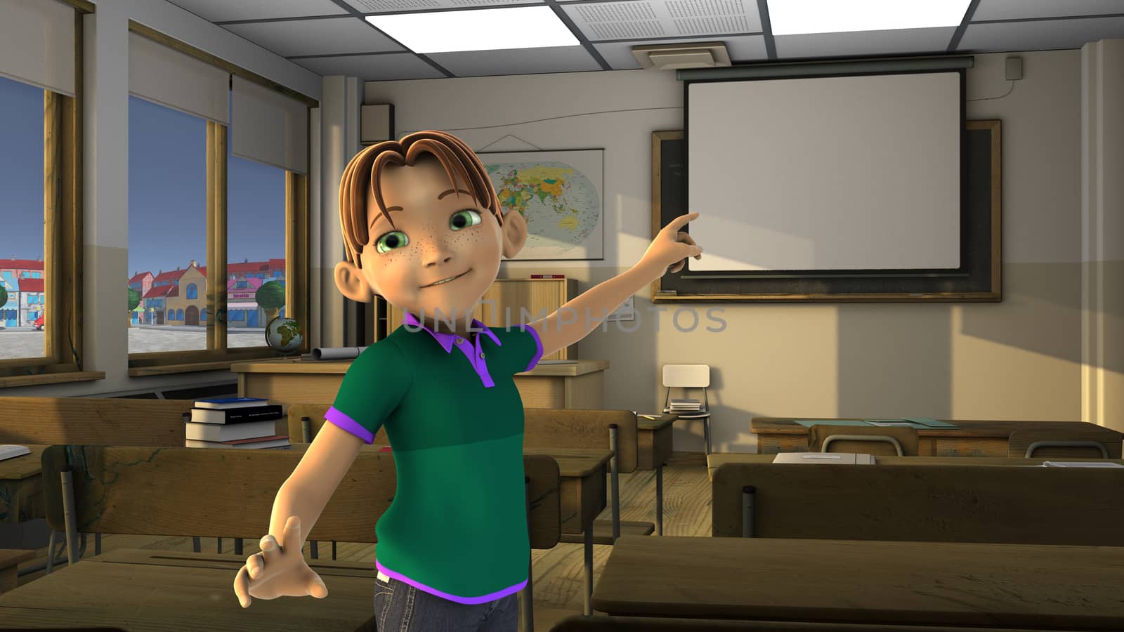 Boy in classroom indicating on the screen.