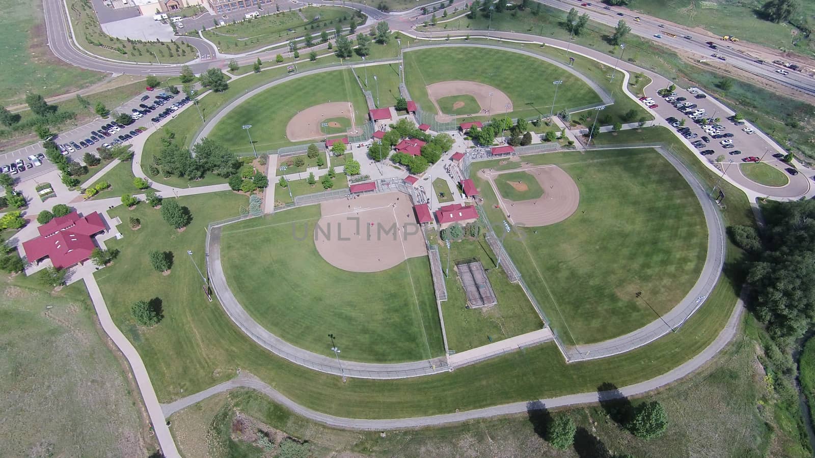 Aerial view of the baseball fields at Sandstone Ranch, Longmont, CO