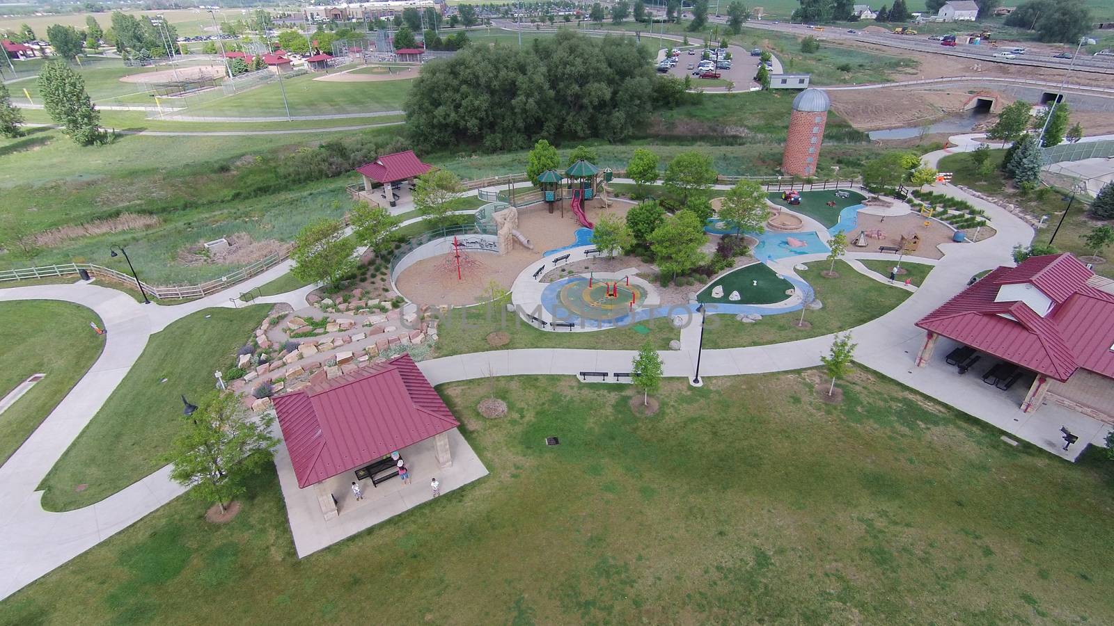 Aerial view of the children’s playground at Sandstone Ranch, Longmont, CO