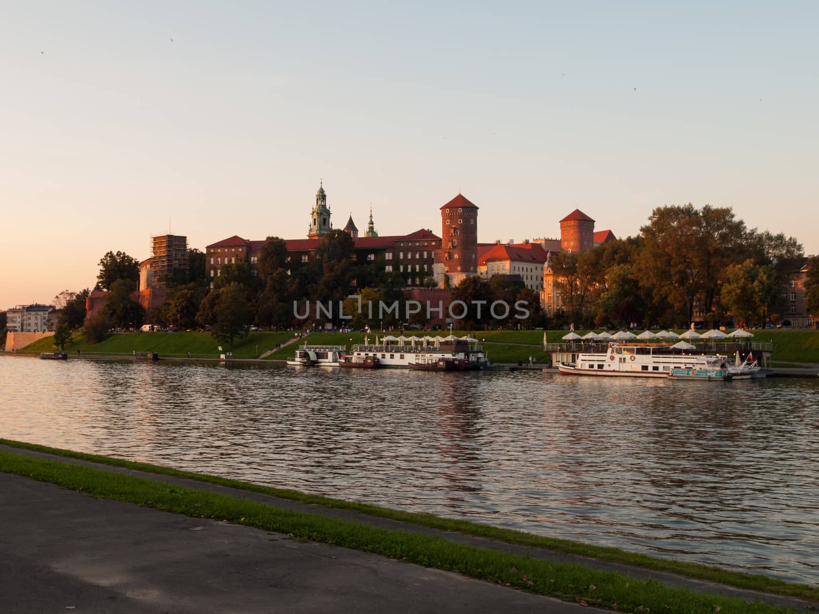 Evening at Vistula River and Wawel Castle in Krakow (Poland)