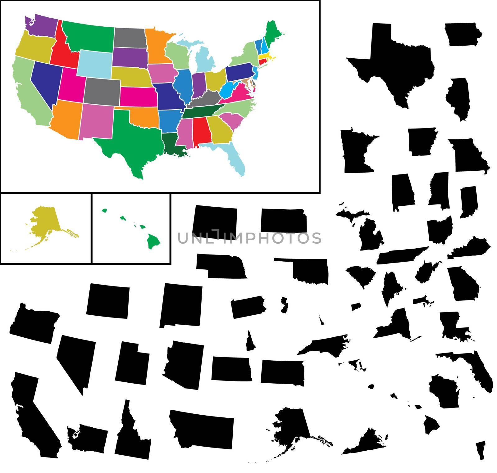 An Illustration of all 50 states of america on white background