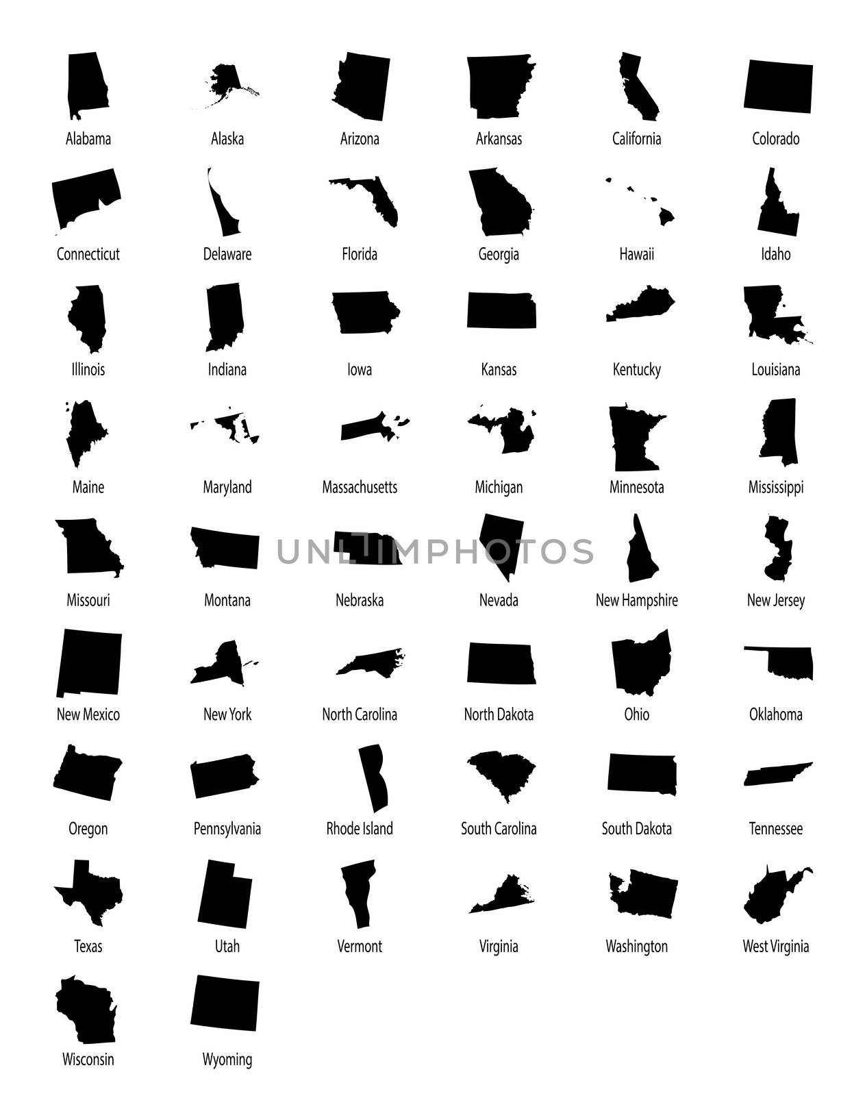 An Illustration of all 50 states of america on white background