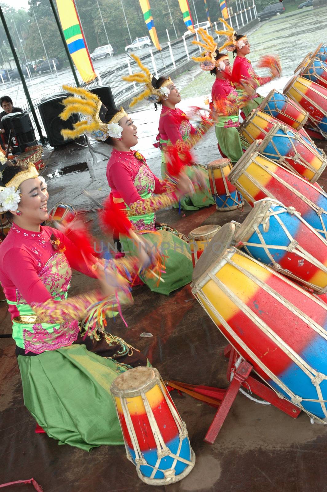 Bandung, Indonesia - March 9, 2008: Rampak Kendang dance that performed at Tegalega Park Bandung, West Java-Indonesia.