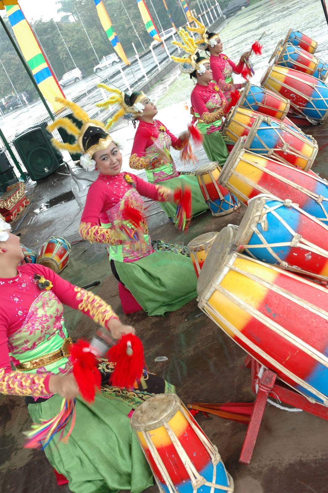 Bandung, Indonesia - March 9, 2008: Rampak Kendang dance that performed at Tegalega Park Bandung, West Java-Indonesia.