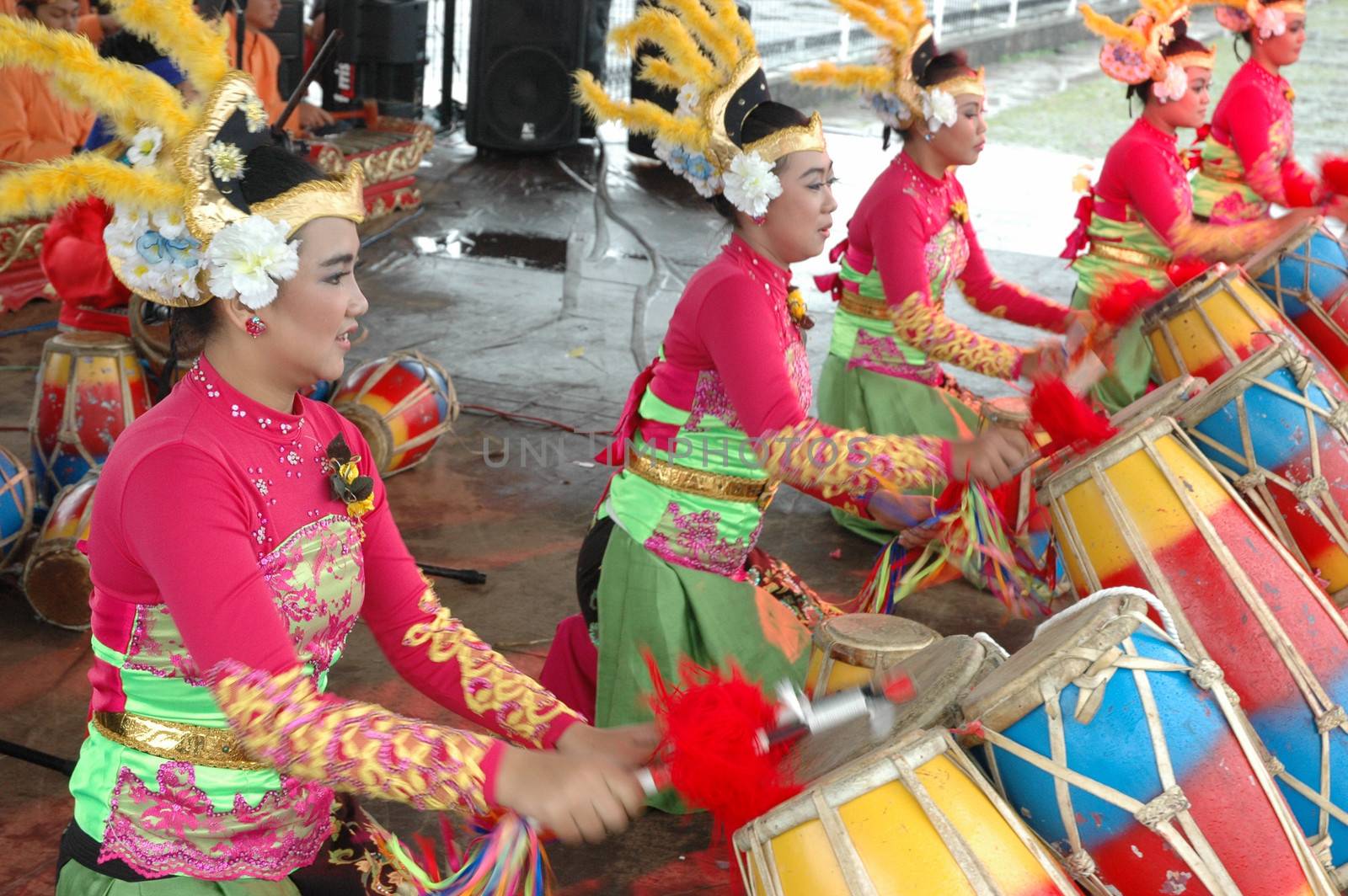 Bandung, Indonesia - March 9, 2008: Rampak Kendang dance that performed at Tegalega Park Bandung, West Java-Indonesia.