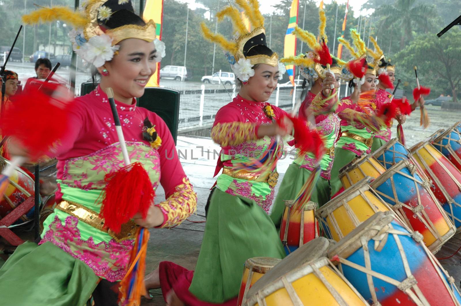 Bandung, Indonesia - March 9, 2008: Rampak Kendang dance that performed at Tegalega Park Bandung, West Java-Indonesia.