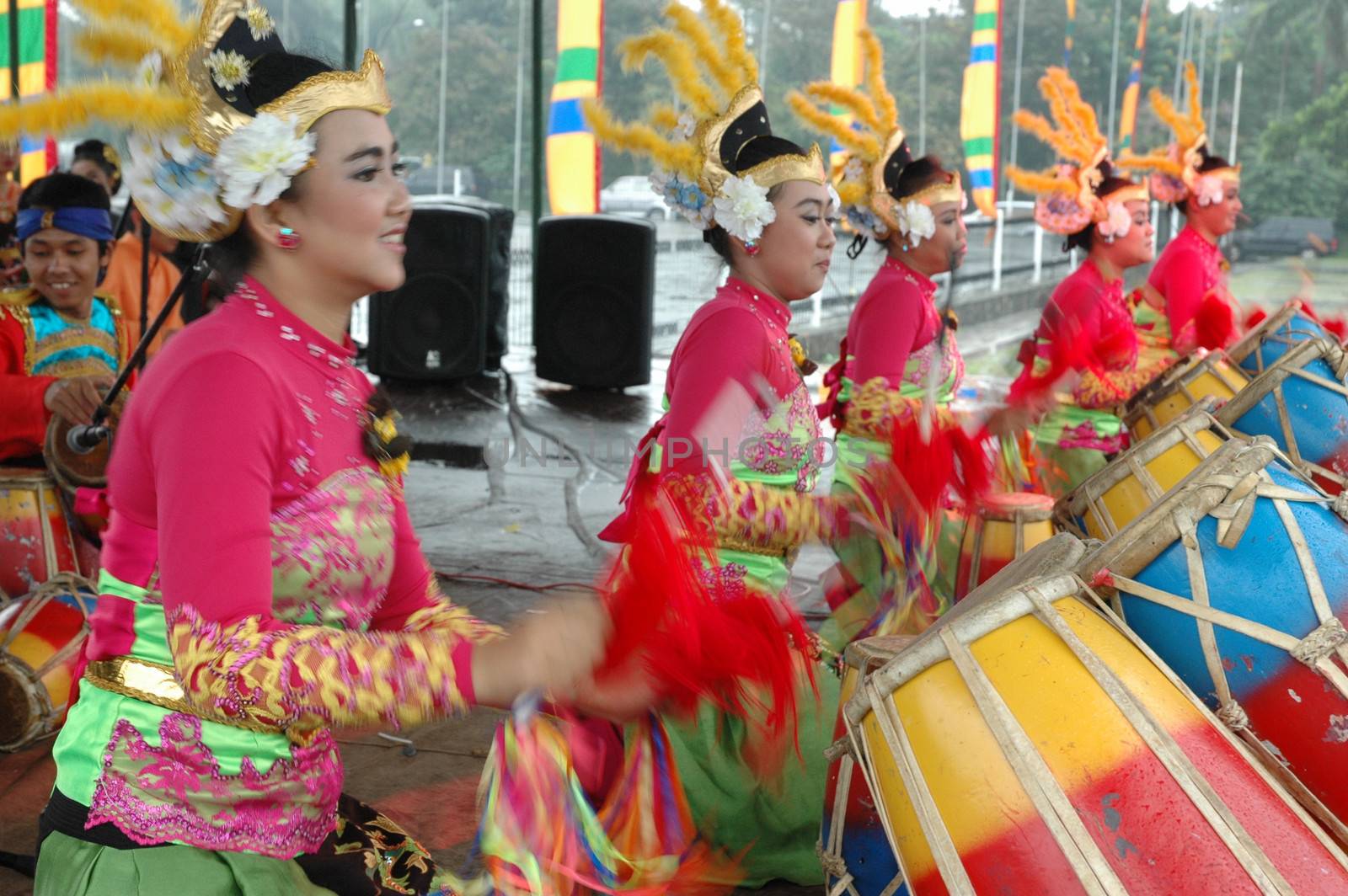 Bandung, Indonesia - March 9, 2008: Rampak Kendang dance that performed at Tegalega Park Bandung, West Java-Indonesia.