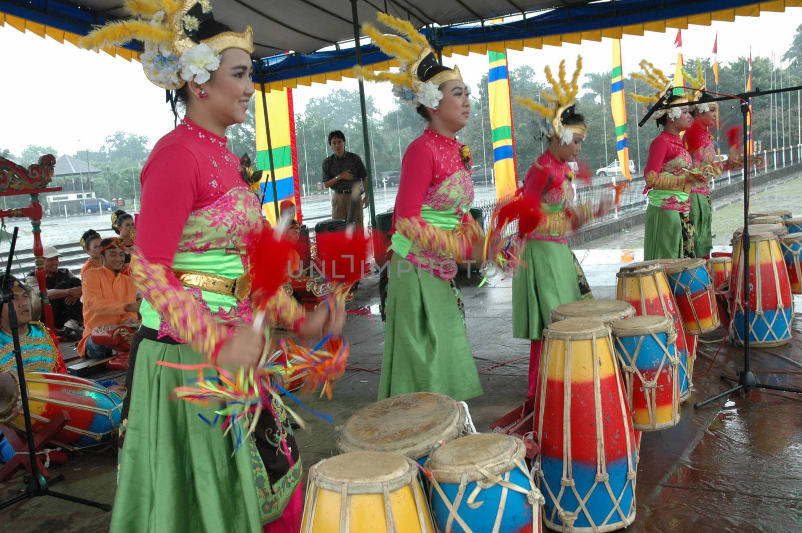 Bandung, Indonesia - March 9, 2008: Rampak Kendang dance that performed at Tegalega Park Bandung, West Java-Indonesia.