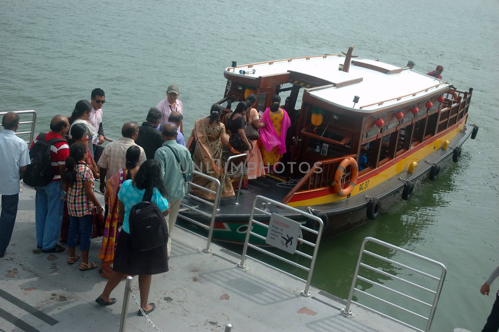 Singapore, Singapore - January 18, 2014: Tourist boat at Merlion Park harbour Singapore.