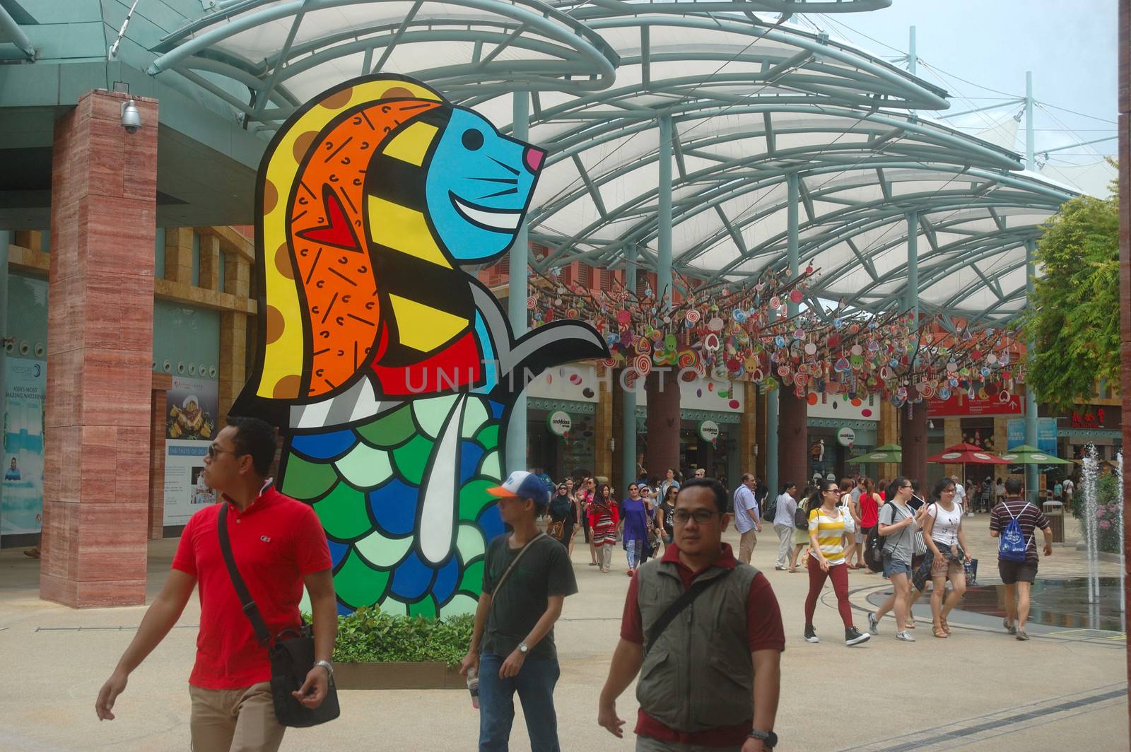 Sentosa island, Singapore - January 18, 2014: People crowd at Universal Studio Singapore.