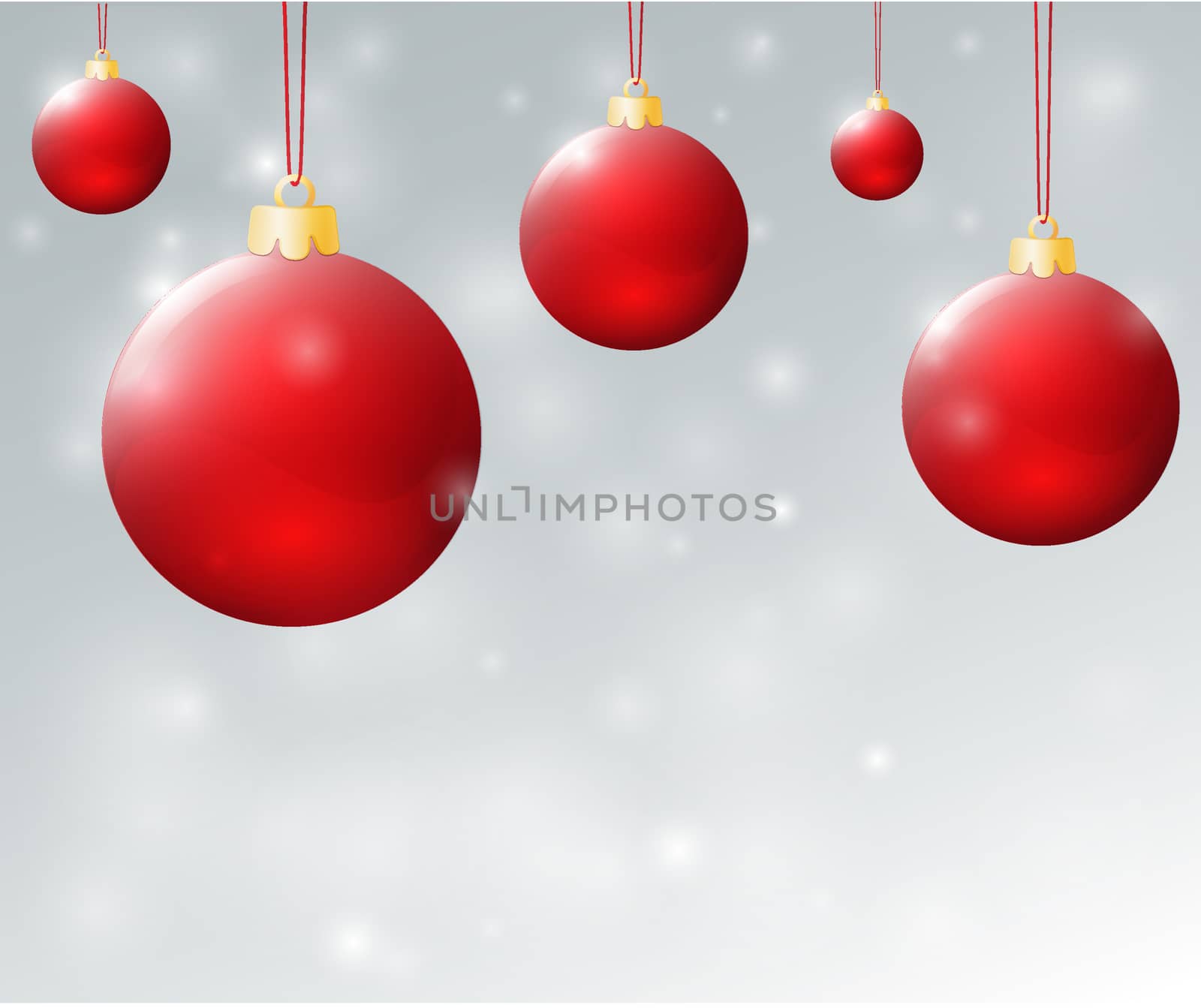 hanging christmas red balls in front of grey background with snowflakes