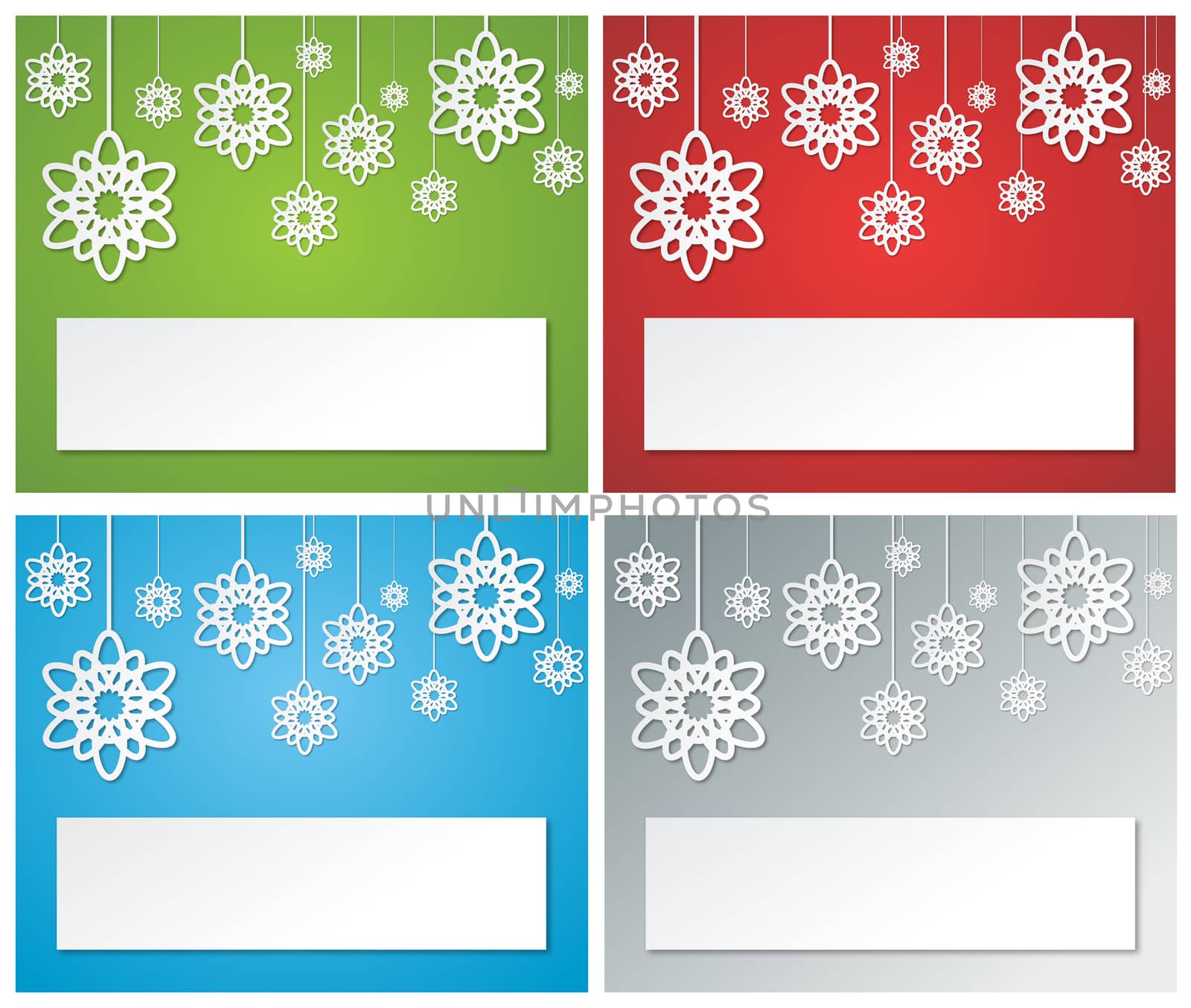 four christmas banners composed from hanging paper snowflakes