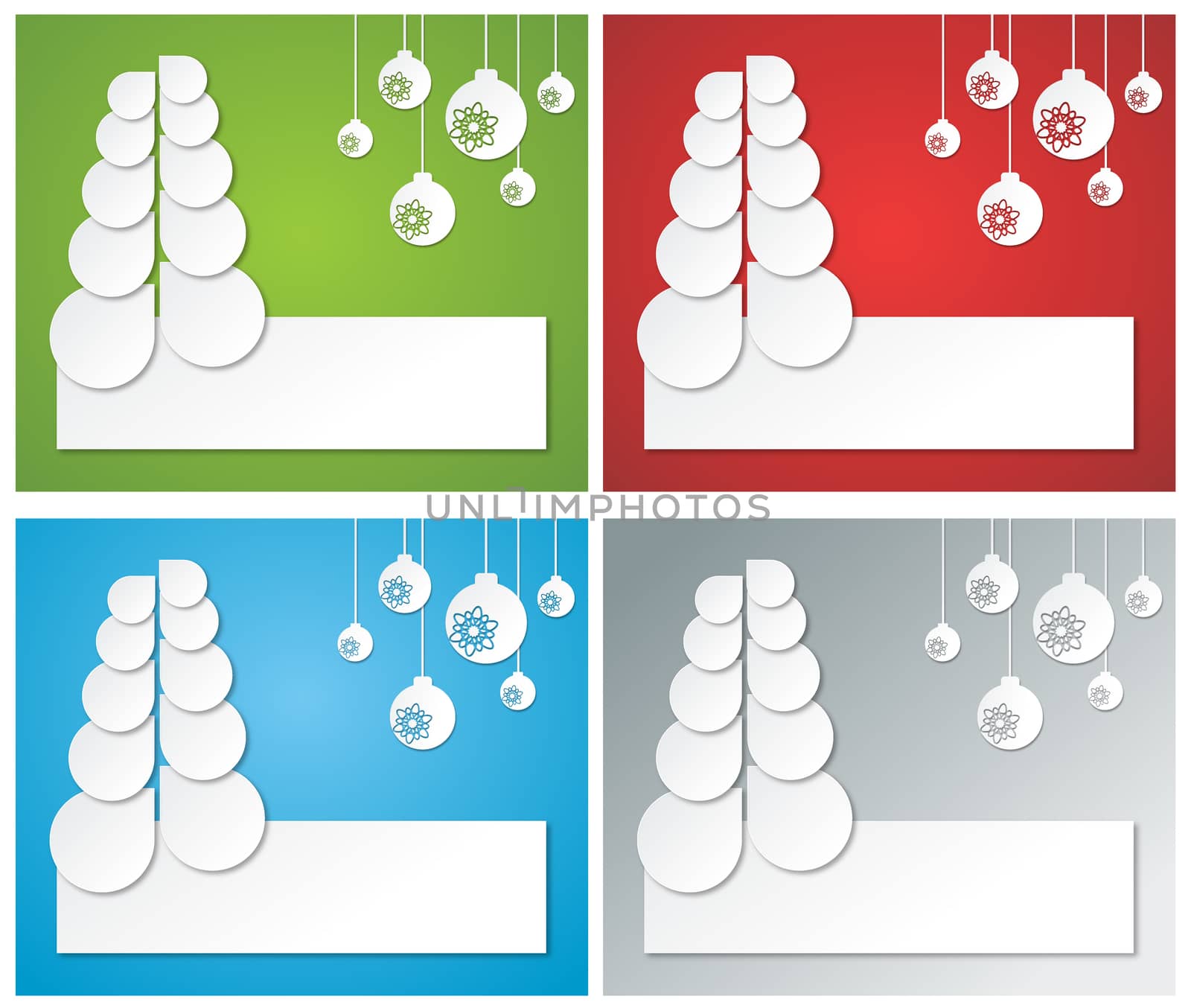 four gchristmas banners from paper  circles composed like christmas tree and hanging paper balls