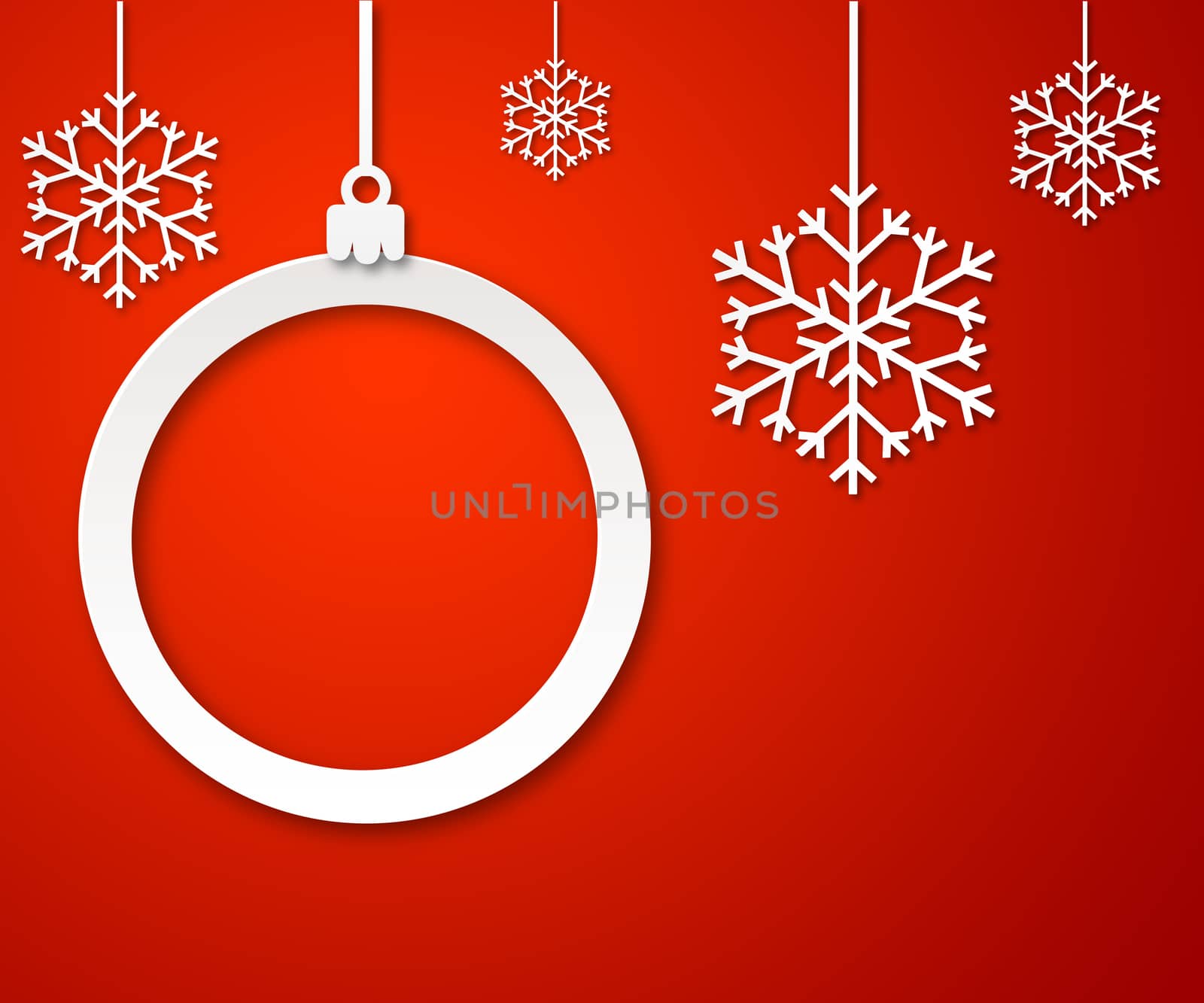 christmas paper ball on red background with hanging paper snowflakes
