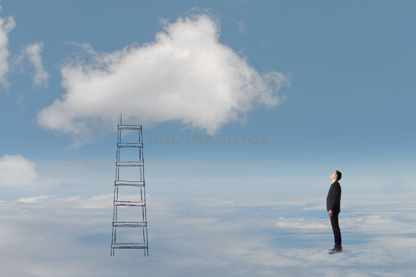Concept of access to clouds with man and a stair.