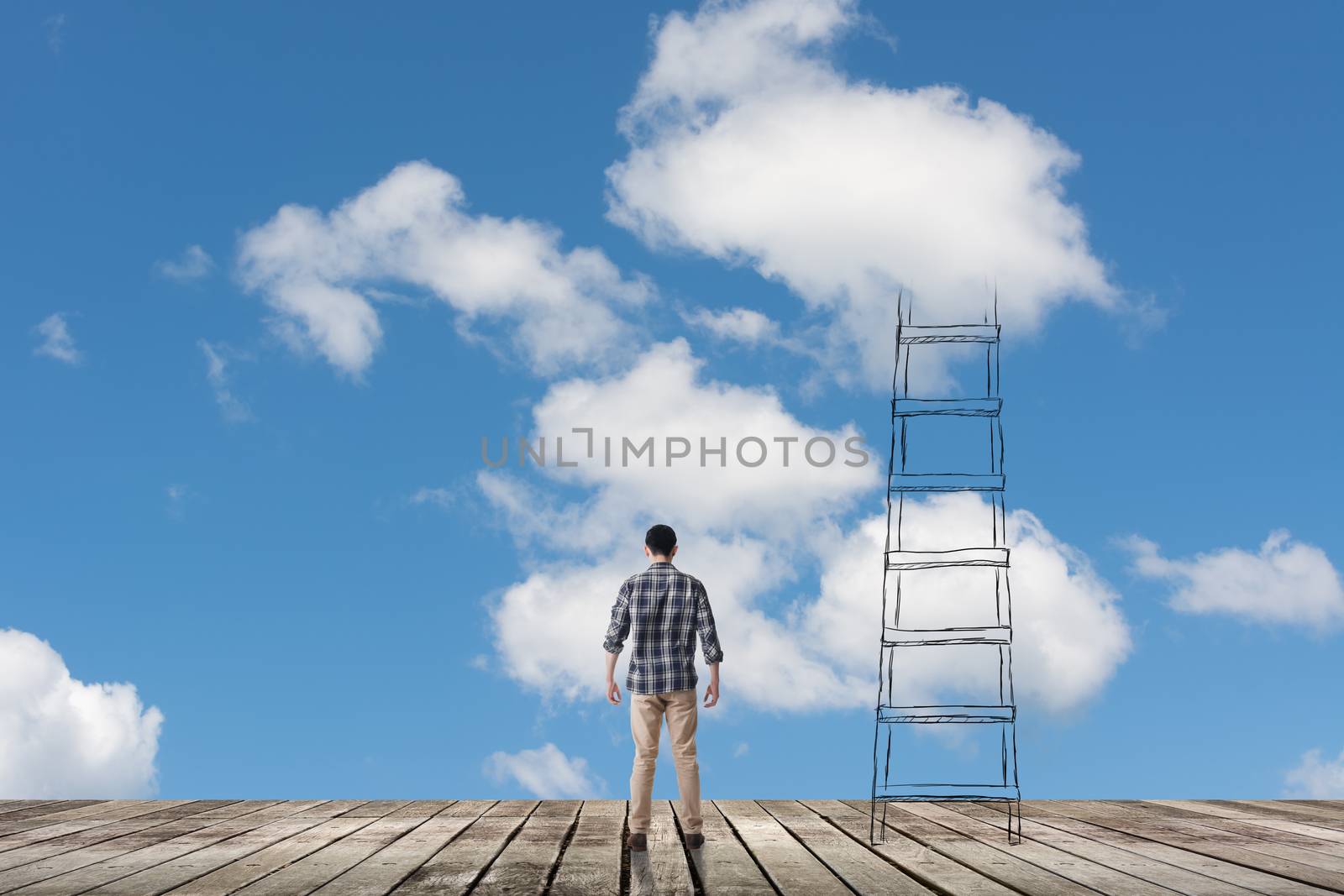 Concept of access to clouds with man and a stair.