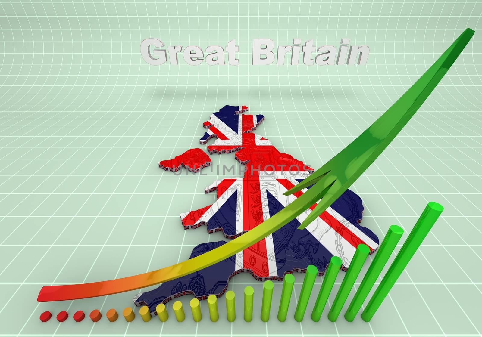 3D Illustration of United Kingdom map with as Flag