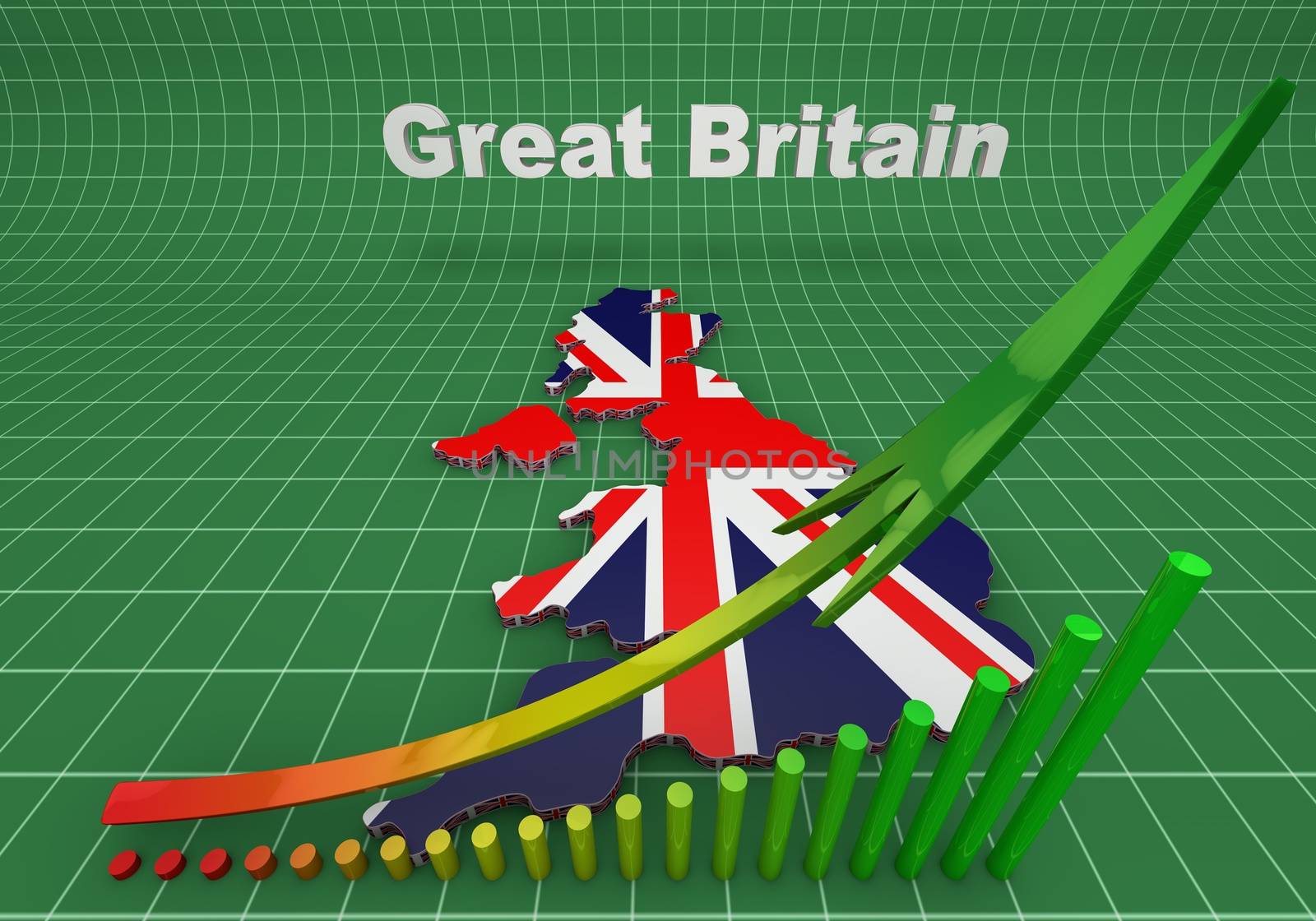 3D Illustration of United Kingdom map with as Flag