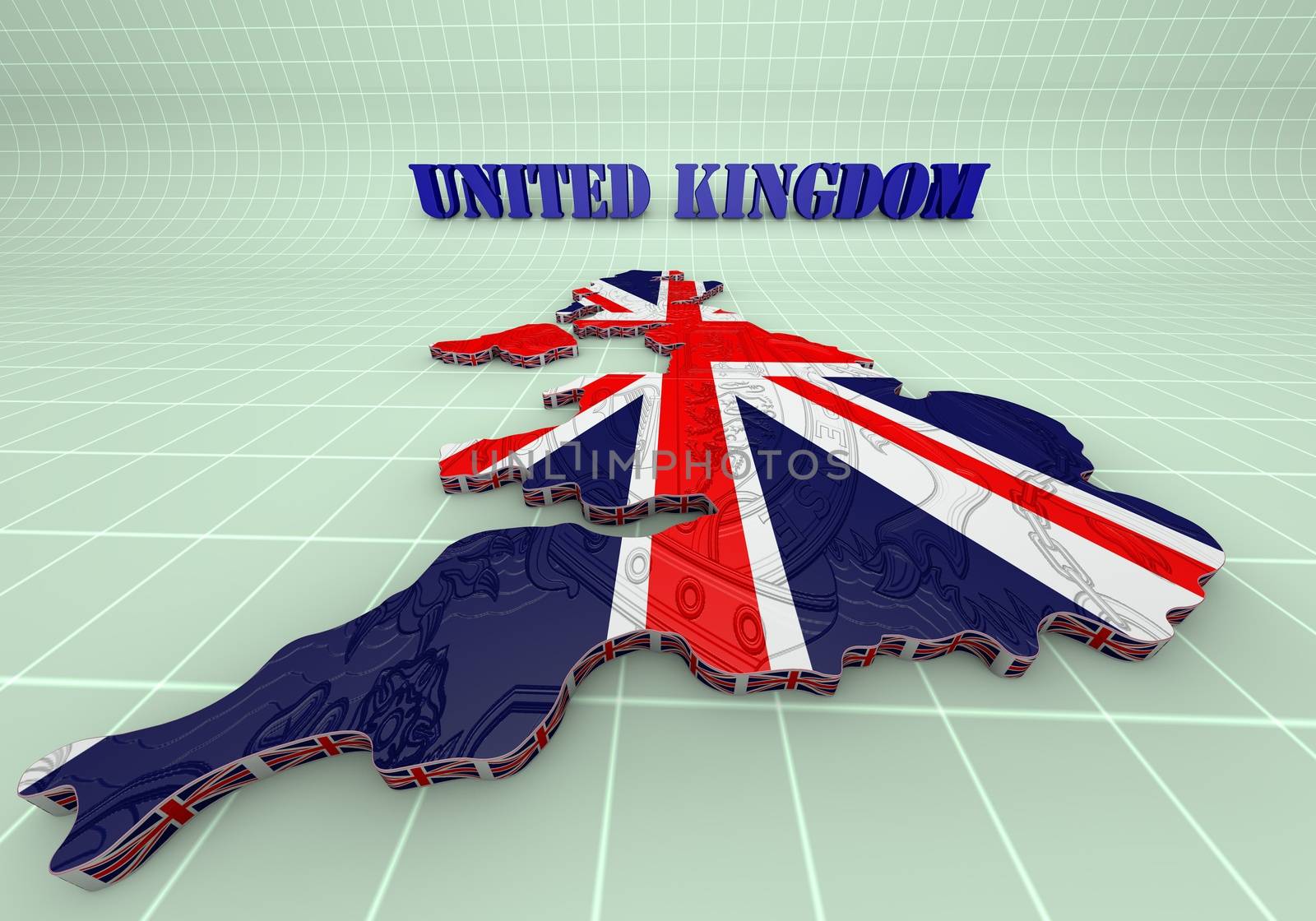 3D Illustration of United Kingdom map with as Flag