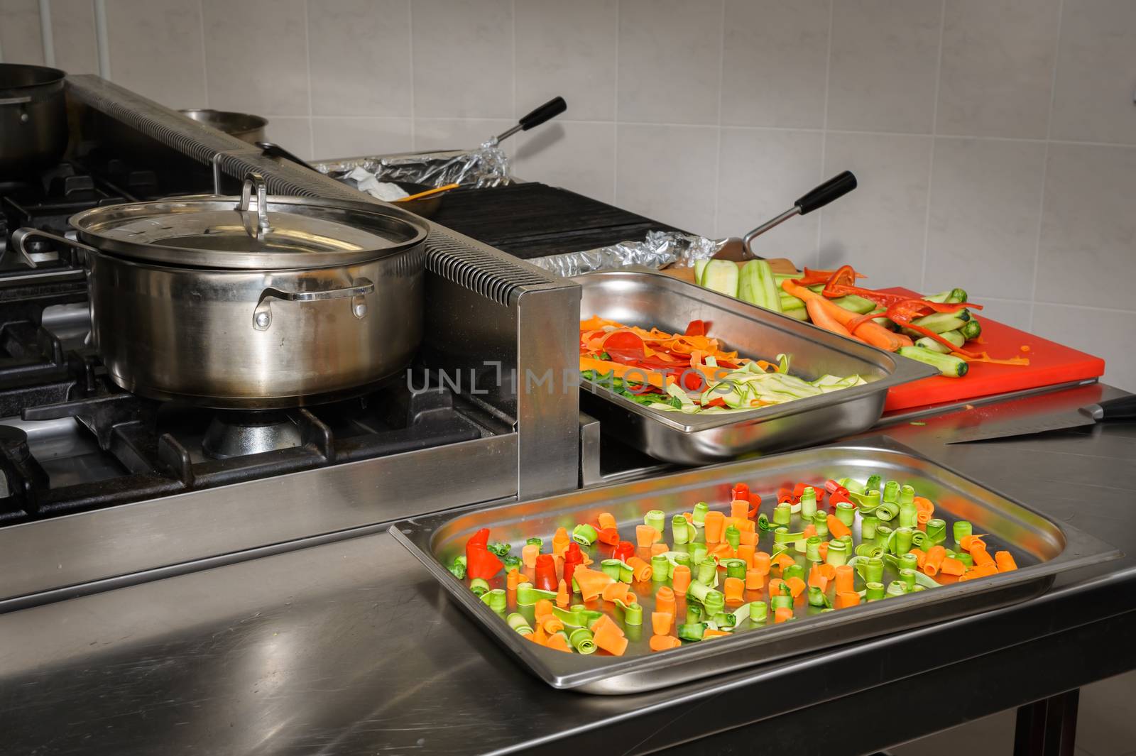 real dirty restaurant kitchen, pot on stove