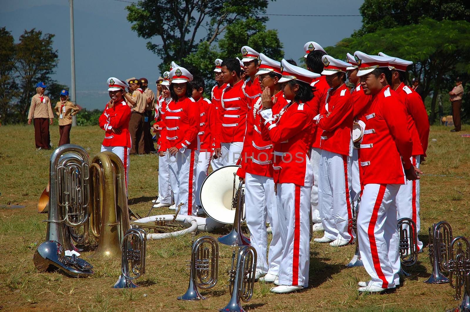 Jatinangor, Indonesia - July 9, 2007: Marching Band member performed in Regional Rover Moot at Jatinangor Camp Area, Sumedang-Indonesia.