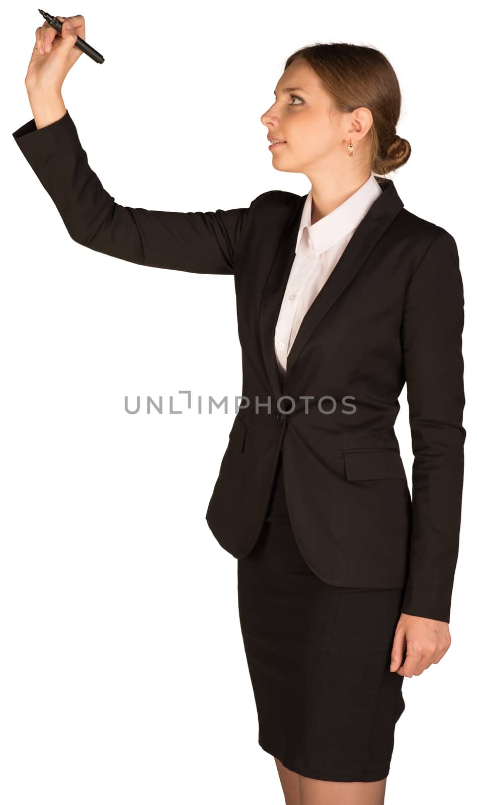 Beautiful girl in business suit holding pen and writing. Isolated on white background