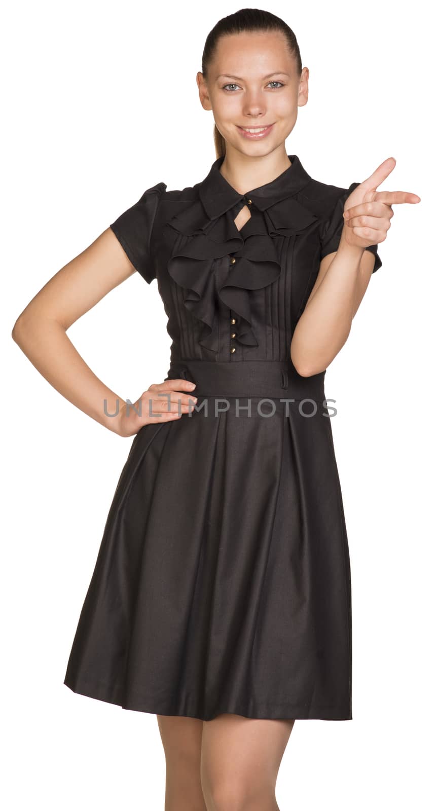 Beautiful business woman in black dress pointing at copy space over white background