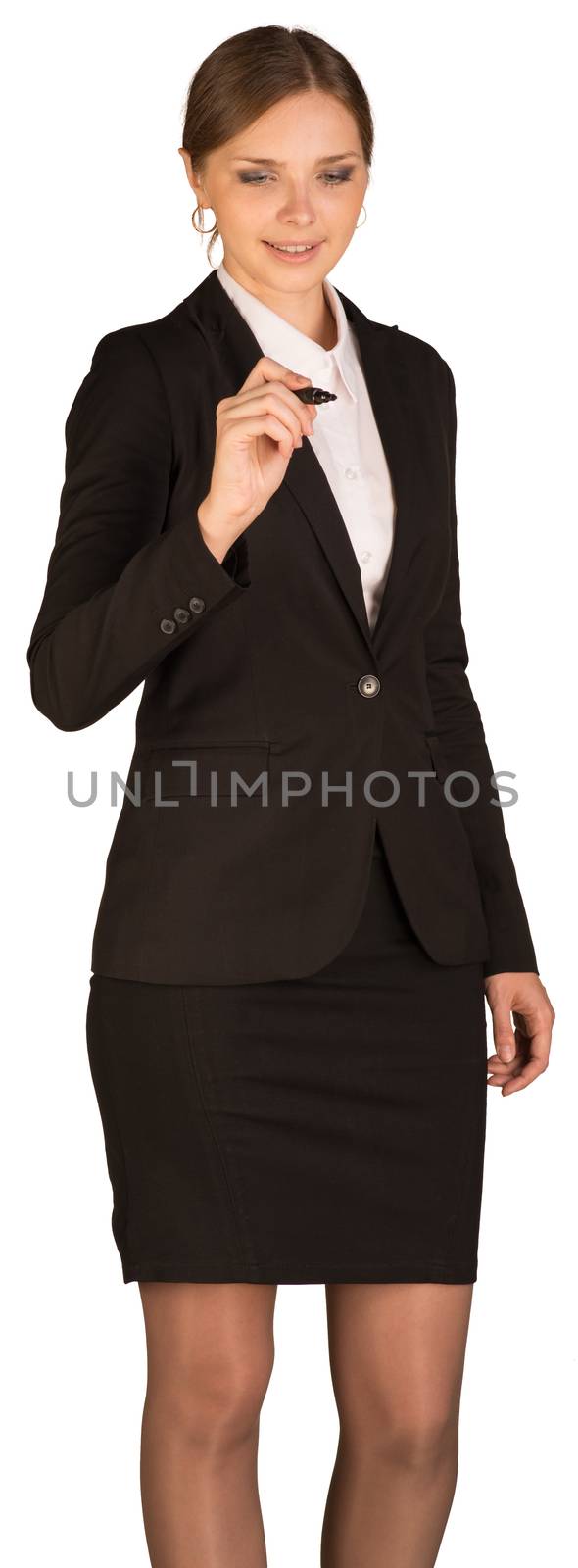 Beautiful girl in business suit holding pen and writing. Isolated on white background