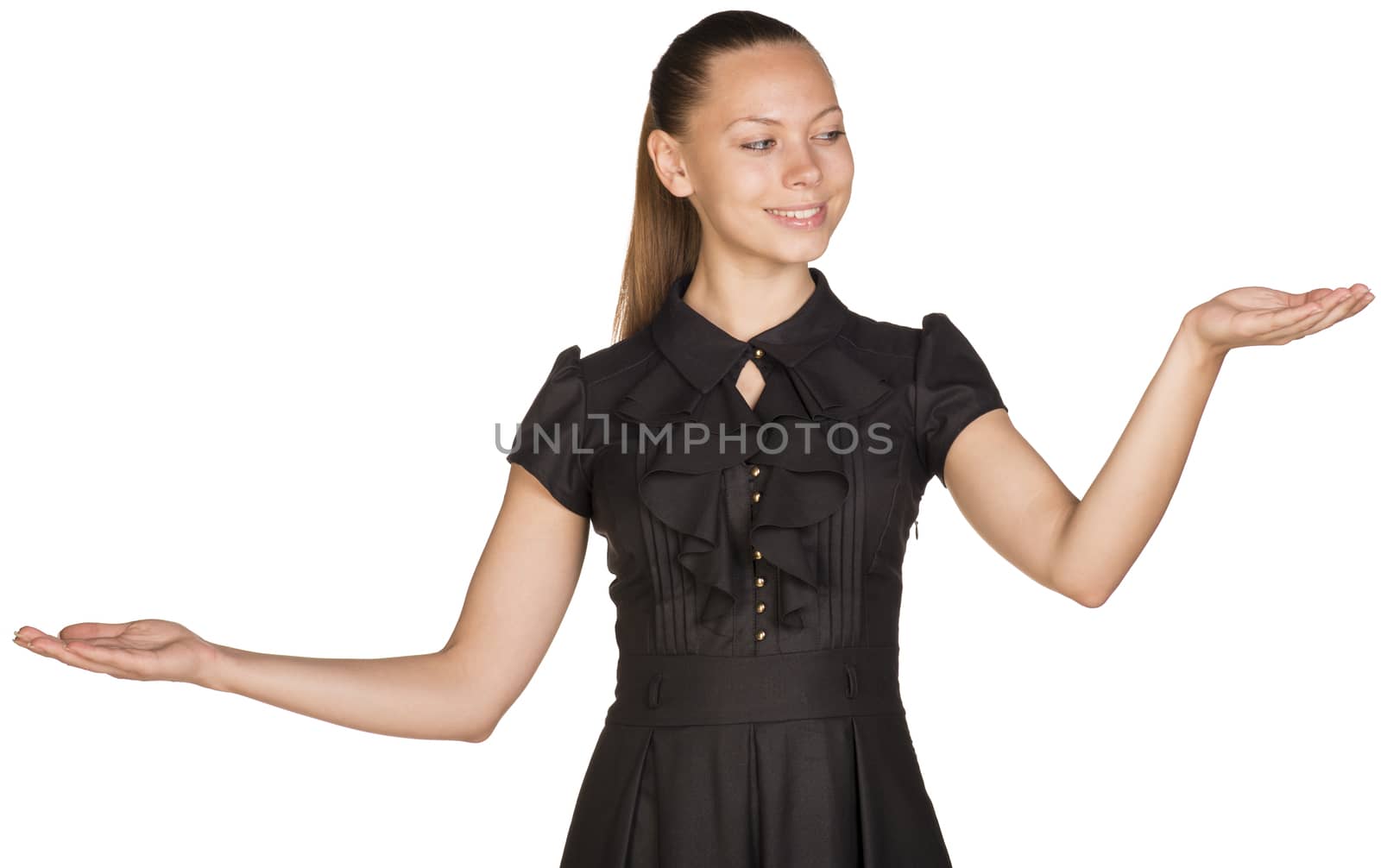 Happy excited beautiful woman hold two empty palms by cherezoff