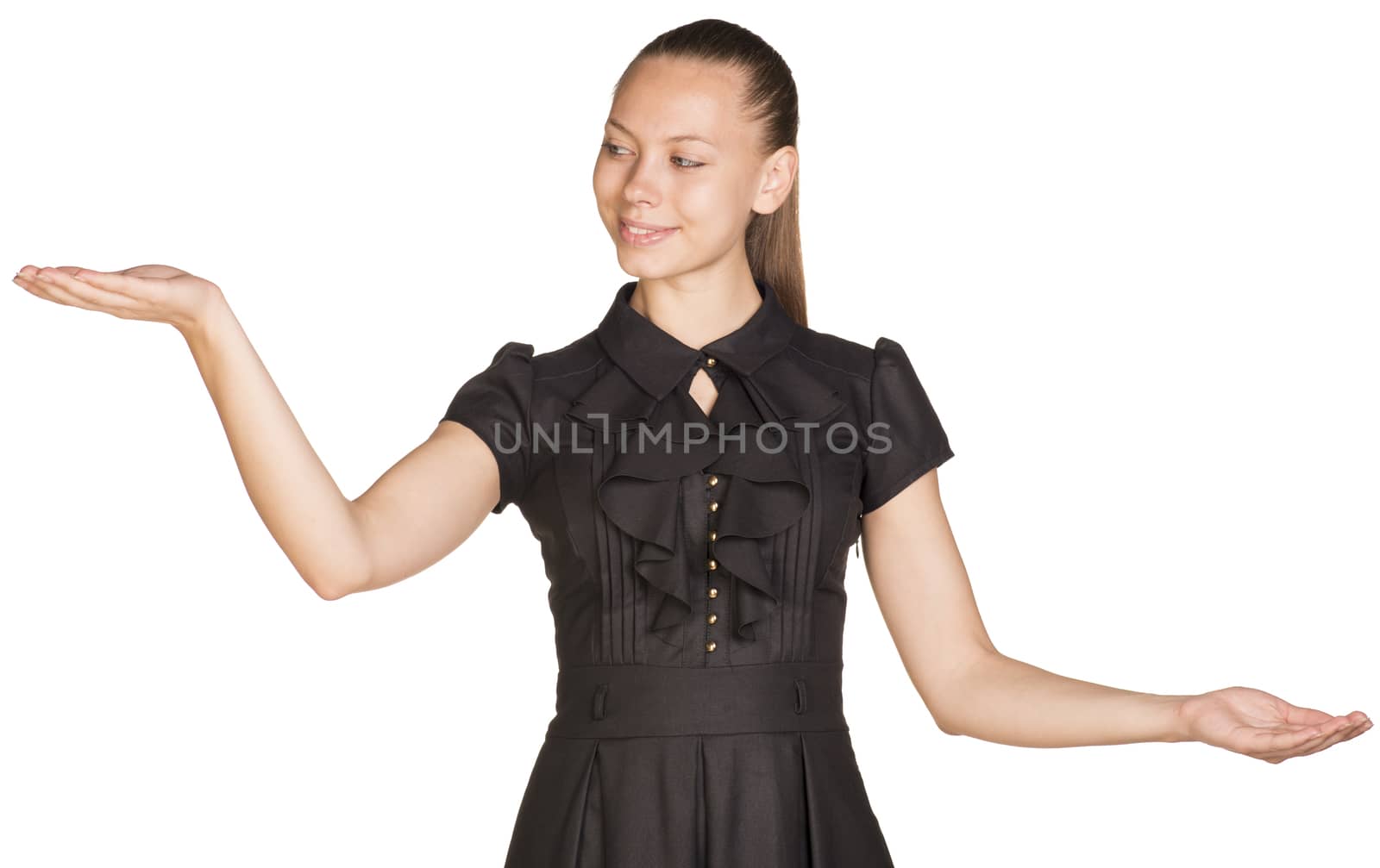 Happy excited beautiful woman hold two empty palms by cherezoff