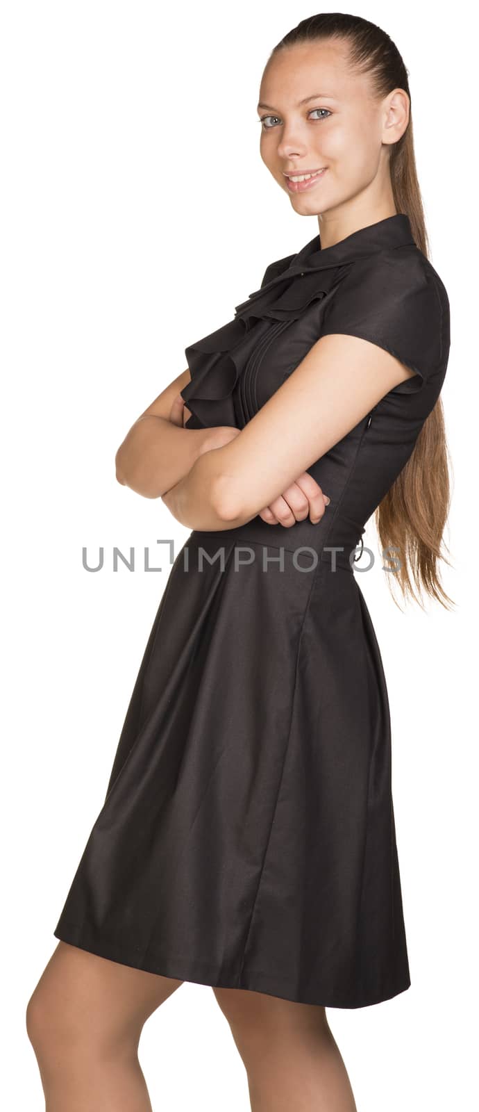 Portrait of young smiling female standing with folded hands over white background