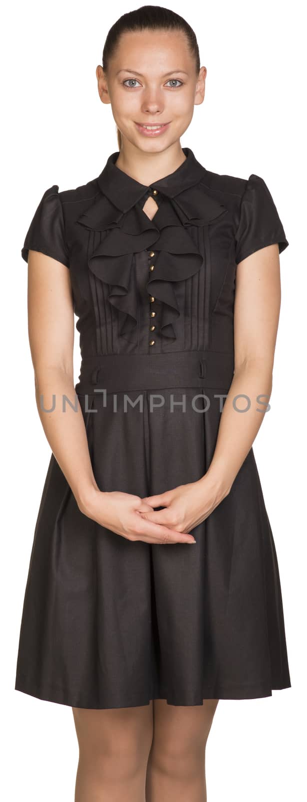 Attractive smiling young woman in black dress. Isolated on white