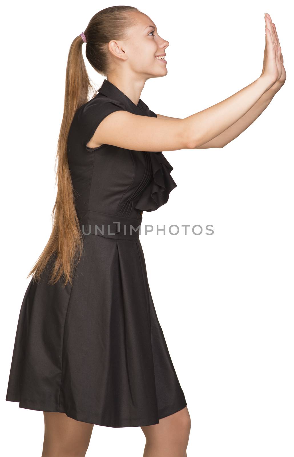 Isolated young casual woman push imaginary wall by cherezoff