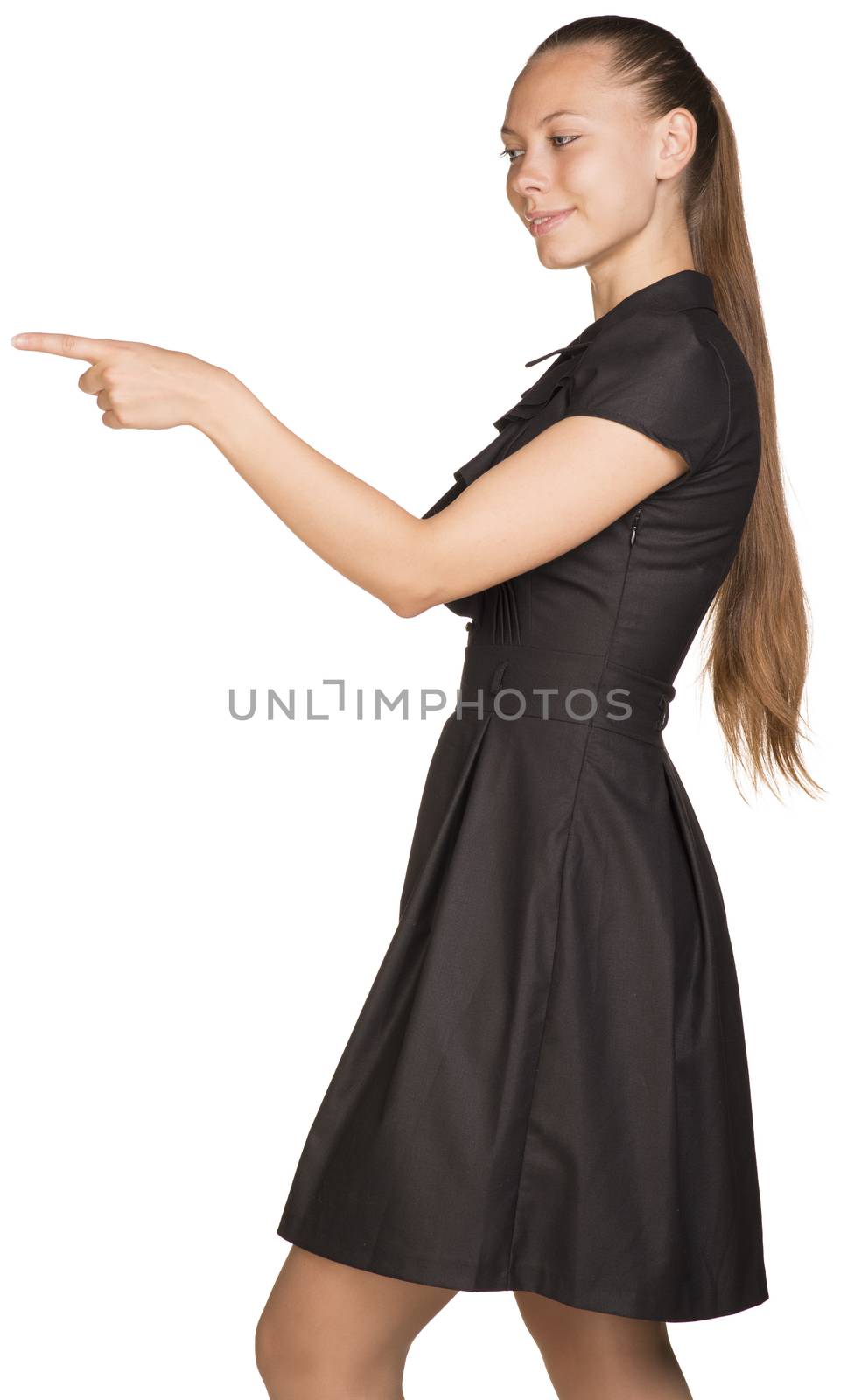 Woman touching virtual button. Isolated on white background