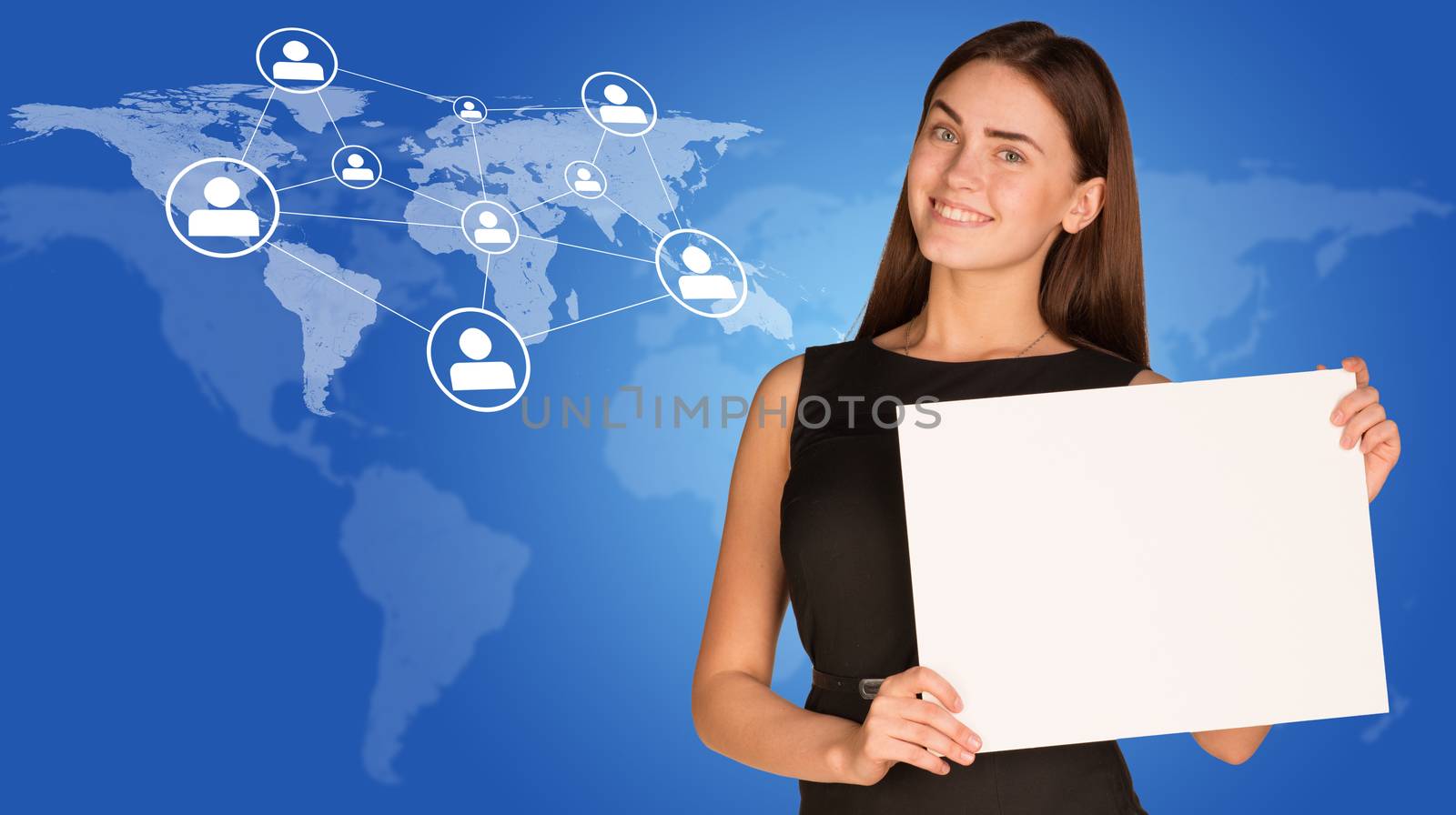 Businesswoman hold paper sheet. World map with network and people icons as backdrop