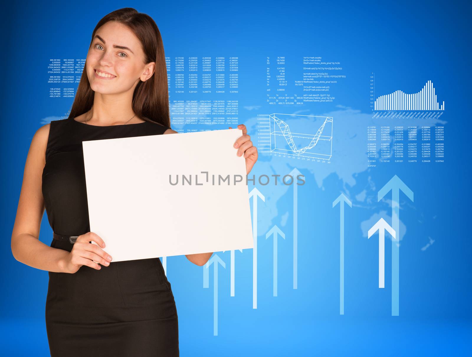 Businesswoman hold paper sheet. Graphs, arrows and world map as backdrop