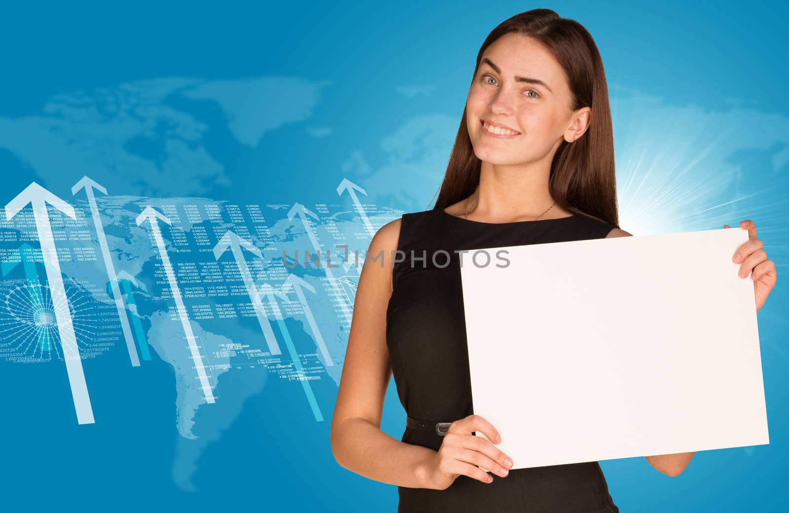 Businesswoman with graphs, arrows and world map by cherezoff