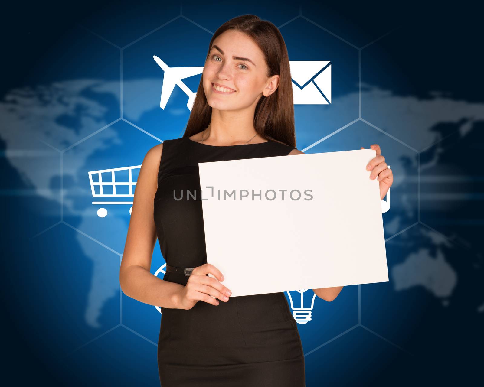 Businesswoman with cloud of icons and world map by cherezoff